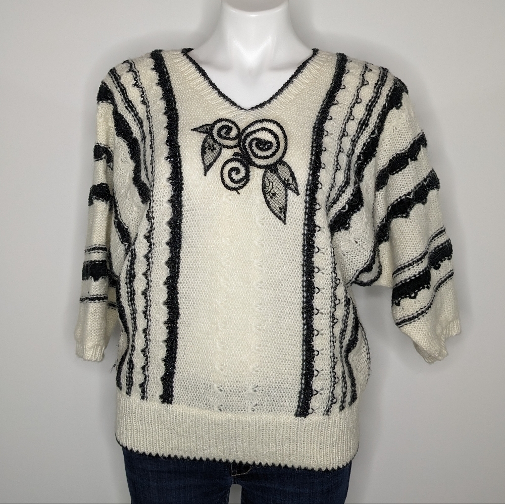 Vintage Beldoch Popper black white floral sweater L